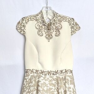 Ivory Wedding Dress Gown Indian Lehenga A-Line Collar Cap Sleeve Gold Embroidery